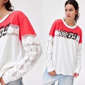 NWOT BDG Urban Outfitters Racing Top Red White Lace‎ Crochet See Through Sz S